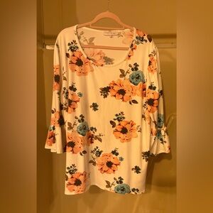Floral Scoop Neck Women’s Top - Cream with Peach & Teal Flowers
